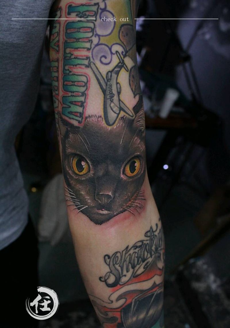 小猫咪纹身图片_欧美动物原创成品手稿纹身图案
