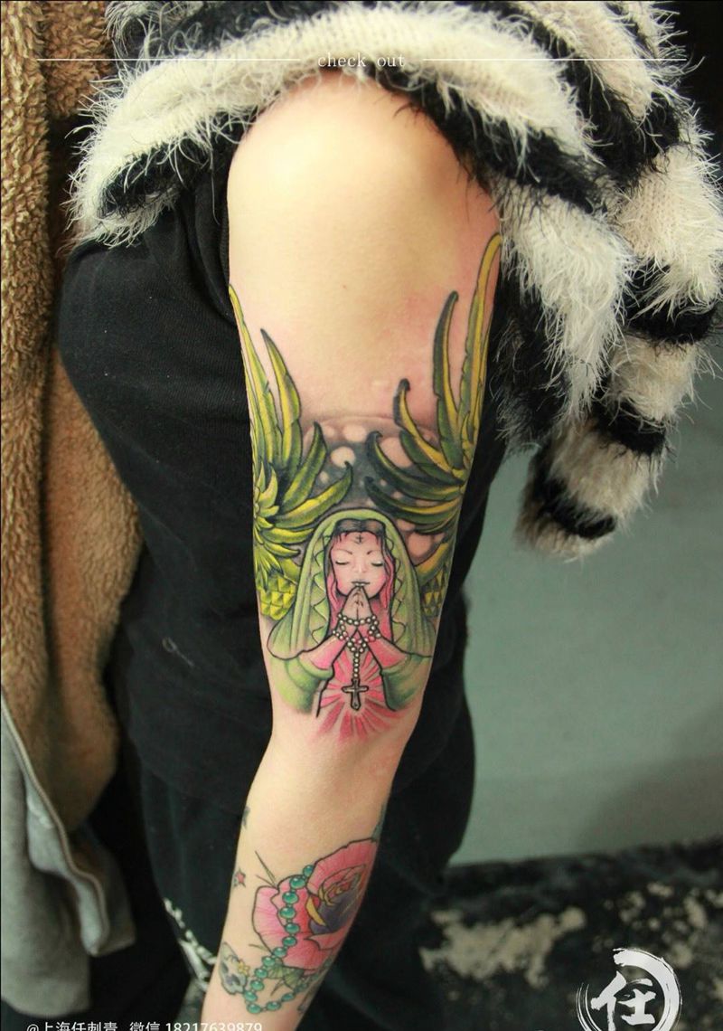 祈福天使纹身图片_欧美肖像清新写实手臂臀部成品人物鬼神宗教纹身图案
