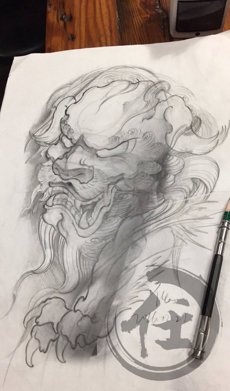 唐狮子手稿纹身图片_手稿肩部手臂腿部传统国画动物原创腰部胸部纹身图案