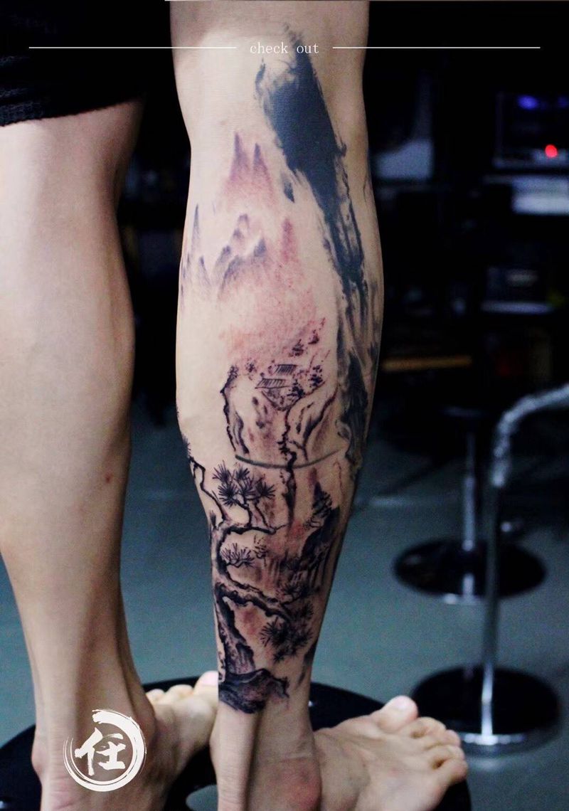 小腿水墨纹身图片_成品国画植物腿部胸部手臂脚部手部背部肩部纹身图案