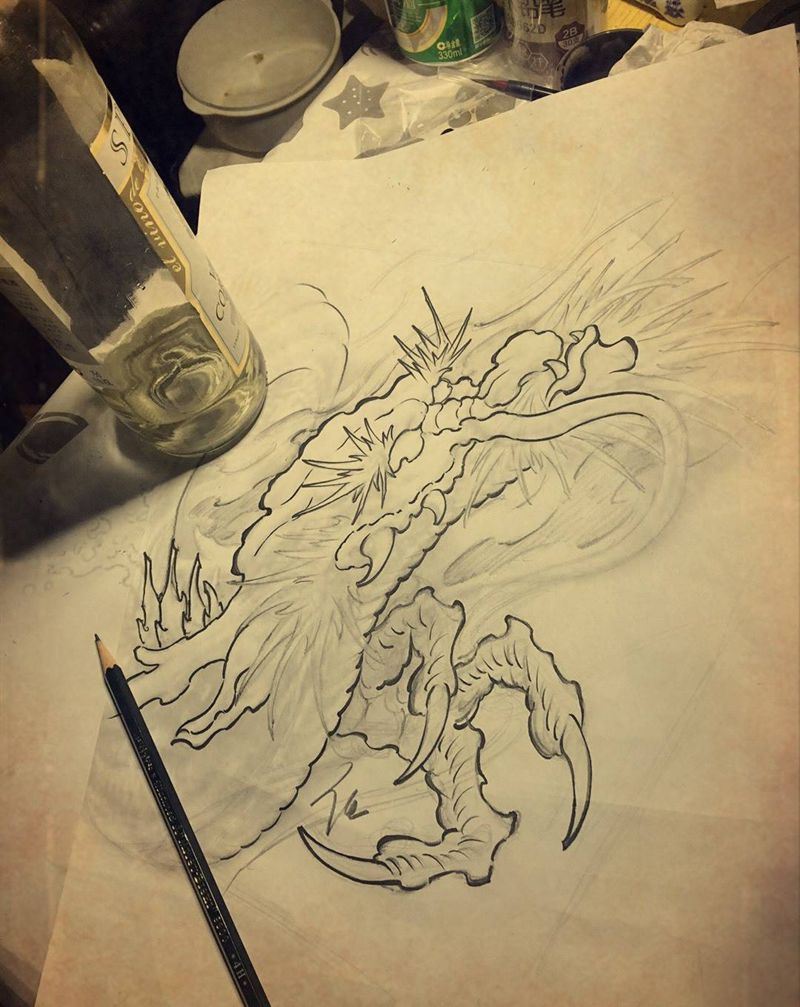 私人定制手稿纹身图片_手稿腿部背部腰部传统国画原创动物胸部肩部纹身图案