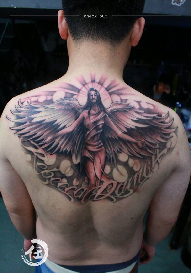 大天使纹身图片_背部欧美肖像人物成品纹身图案