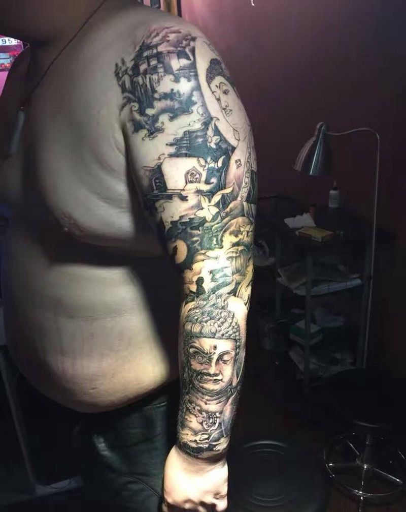 新传统花臂（未完－不动明王～佛）纹身图片