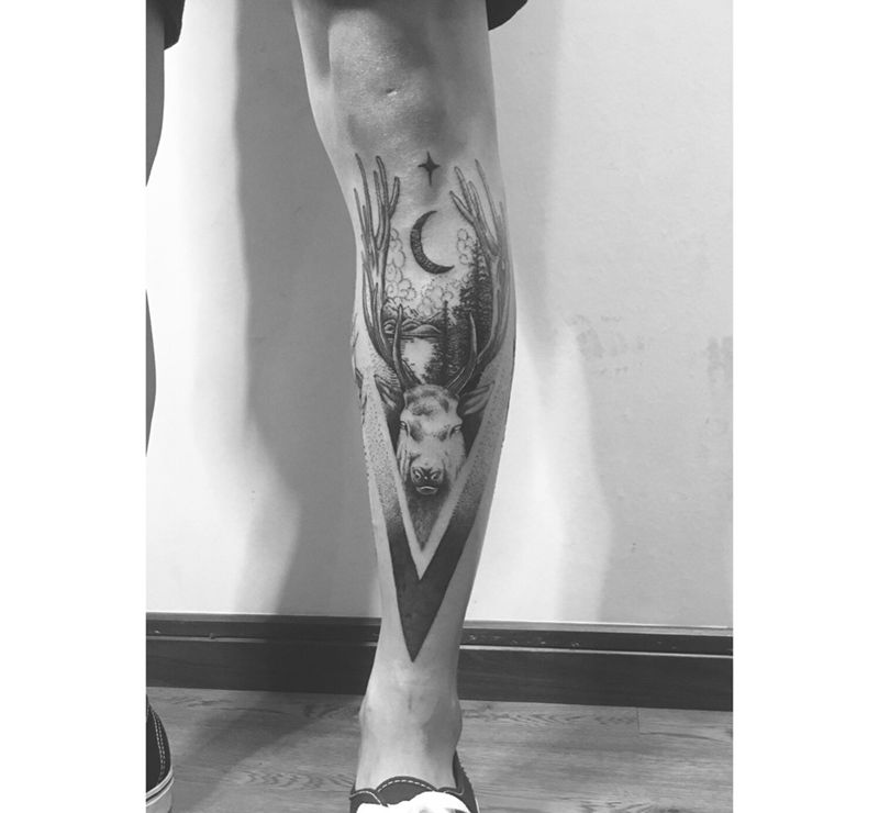 点刺  鹿  几何纹身图片_成品腿部清新几何动物植物静物纹身图案