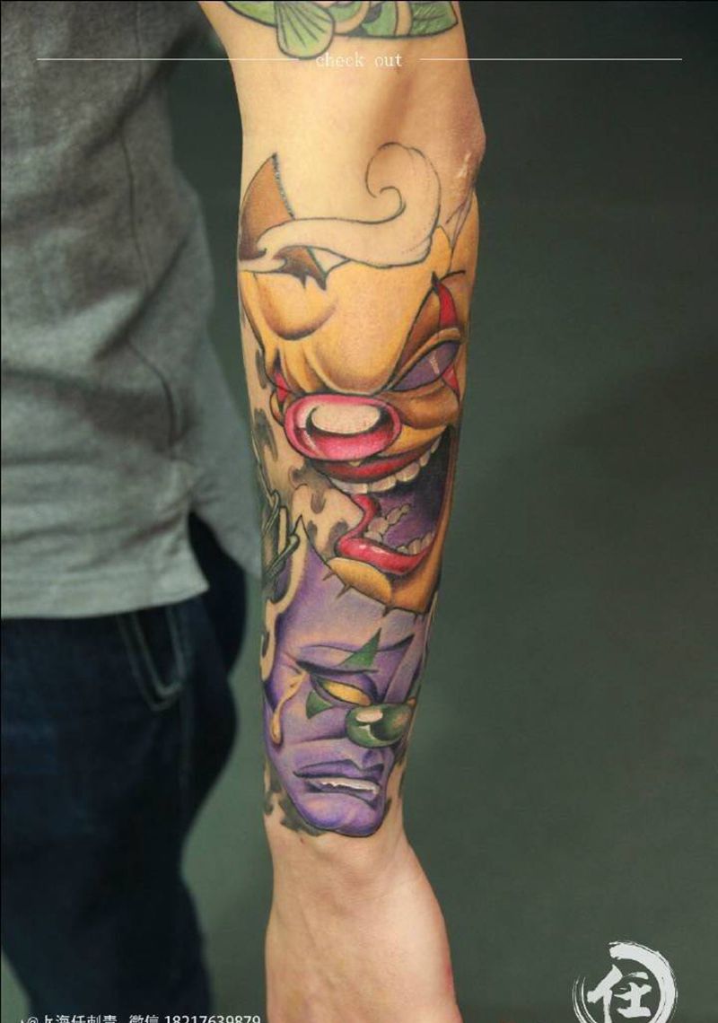 双子座，小丑面具纹身图片_欧美肖像写实人物宗教手臂手部臀部成品腿部纹身图案