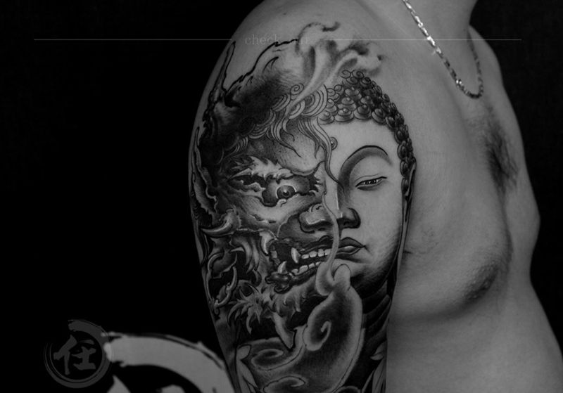 大臂一念之间纹身图片_成品手臂手部脚部腿部传统写实鬼神宗教背部纹身图案