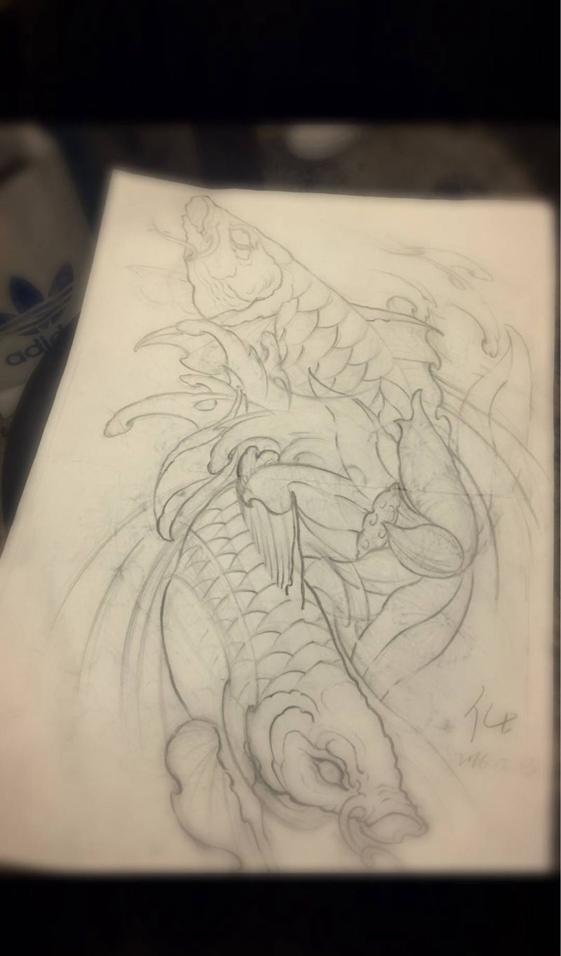 传统鱼手稿纹身图片_手稿肩部背部腹部手臂腿部传统国画动物原创纹身图案