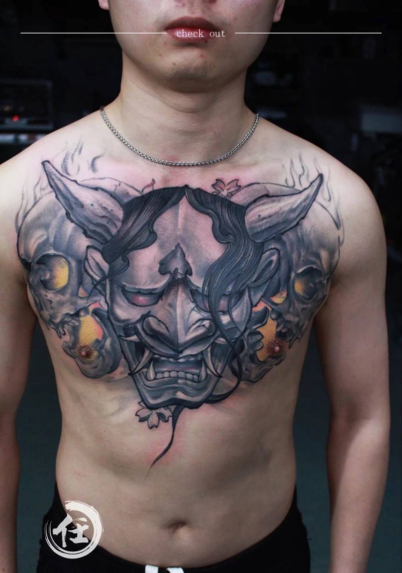 胸花般若骷髅纹身图片_成品胸部背部传统国画写实原创鬼神动物纹身图案