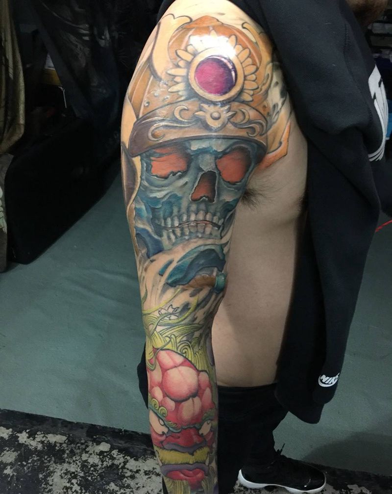 骷髅武士唐狮花臂纹身图片_成品肩部手臂传统国画鬼神动物植物原创人物纹身图案