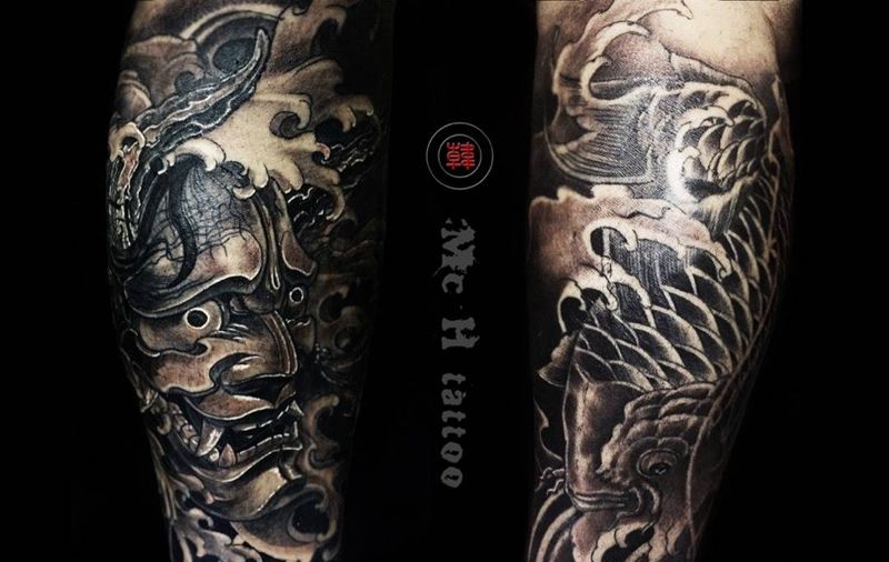 包小腿鲤鱼般若纹身图片