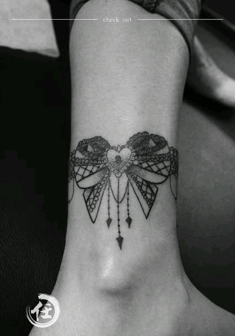 小清新蝴蝶结脚环纹身图片_腿部清新静物图腾成品纹身图案