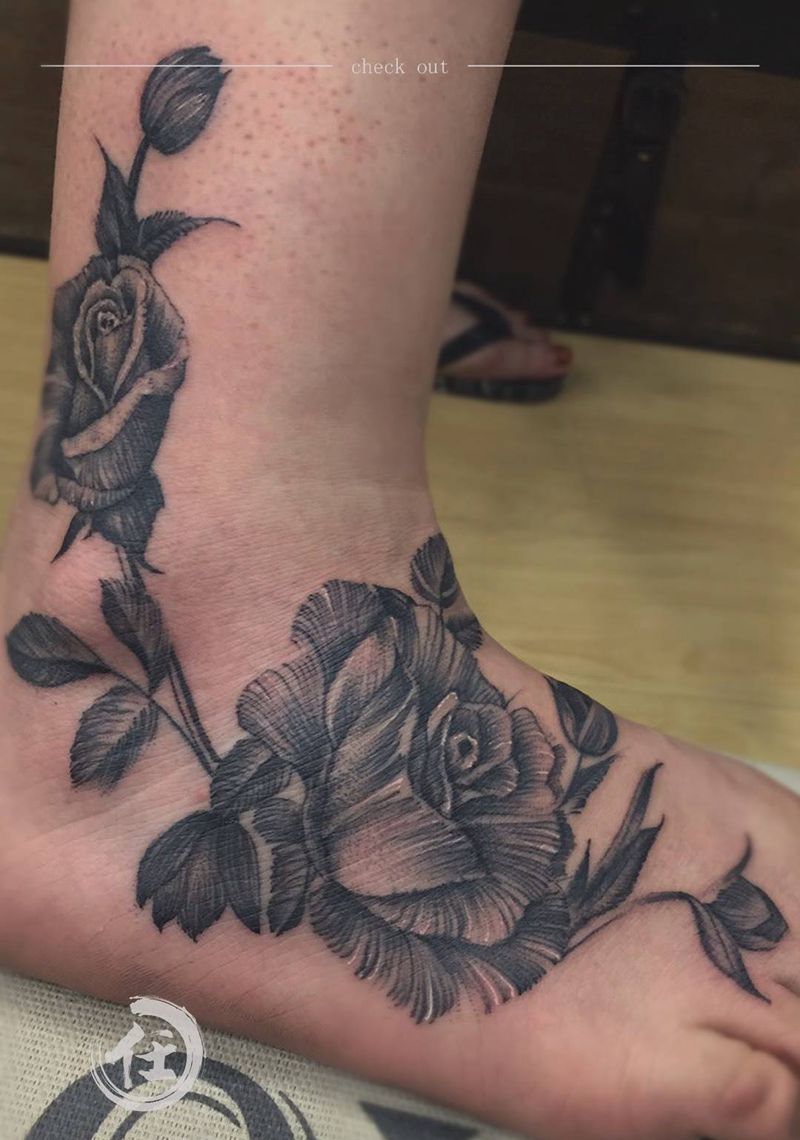 脚掌玫瑰纹身图片_成品静物清新脚部纹身图案