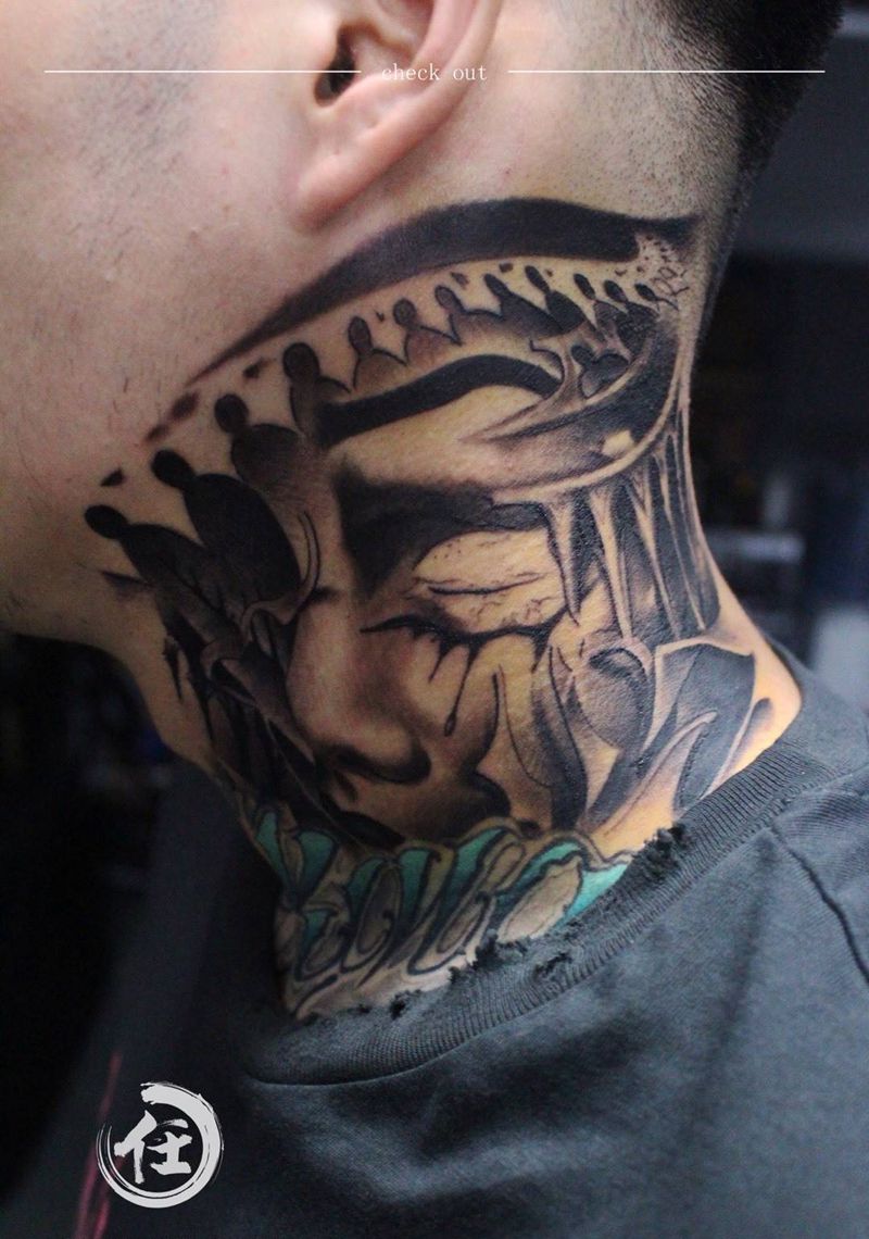 包个脖子纹身图片_成品颈部欧美写实原创人物纹身图案