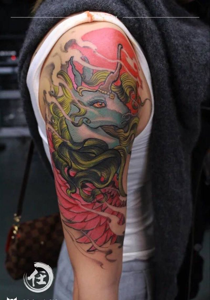独角兽遮盖旧图纹身图片_成品肩部手臂传统鬼神动物原创国画腿部纹身图案