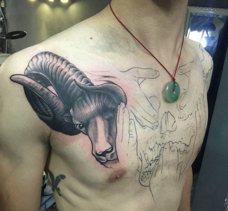 羊头鹿头骷髅头，纹身图片_欧美写实成品胸部腹部腰部原创动物宗教鬼神纹身图案