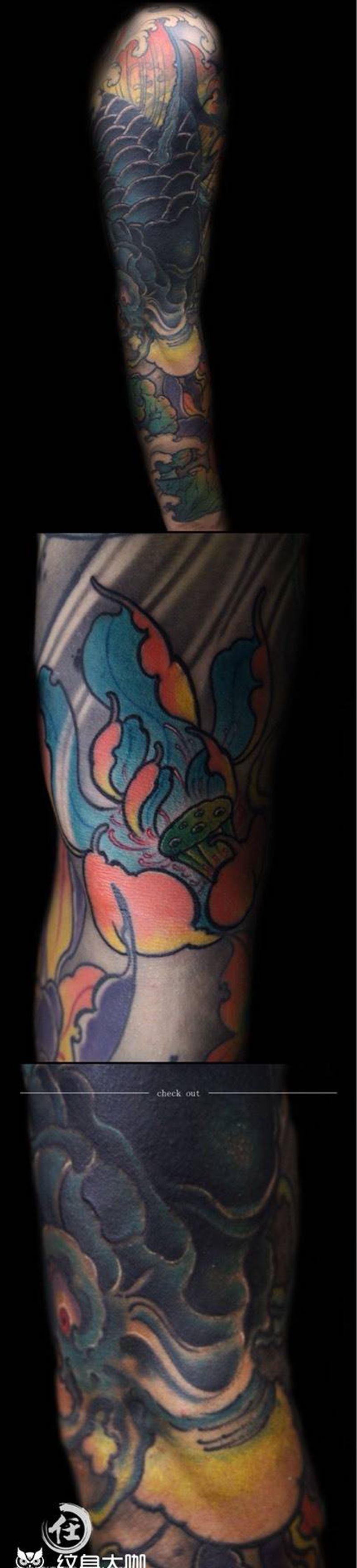 鲤鱼遮盖纹身图片_成品手臂传统原创鬼神纹身图案