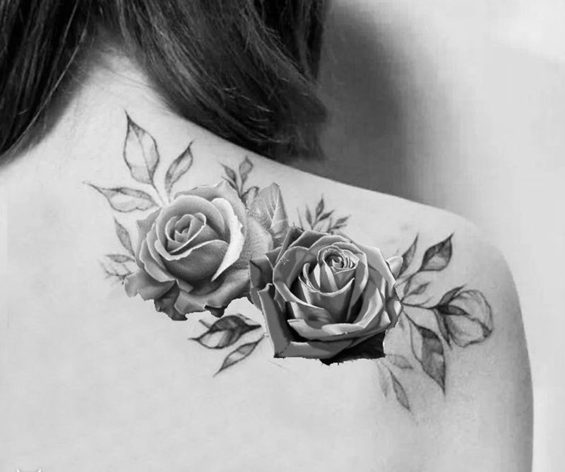 客人订制玫瑰手稿纹身图片_肩部手稿写实清新欧美植物原创腰部腹部纹身图案