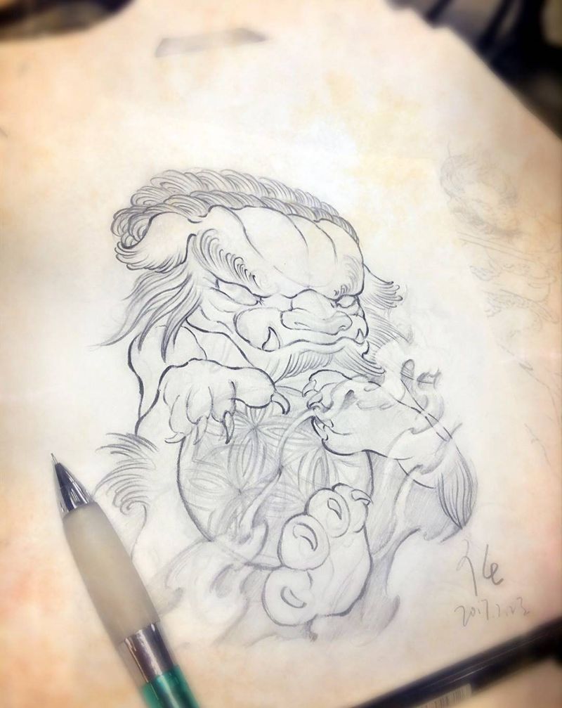 卡哇伊小唐狮 私人订制纹身图片_手稿肩部腹部手臂腿部传统国画动物原创情侣纹身图案