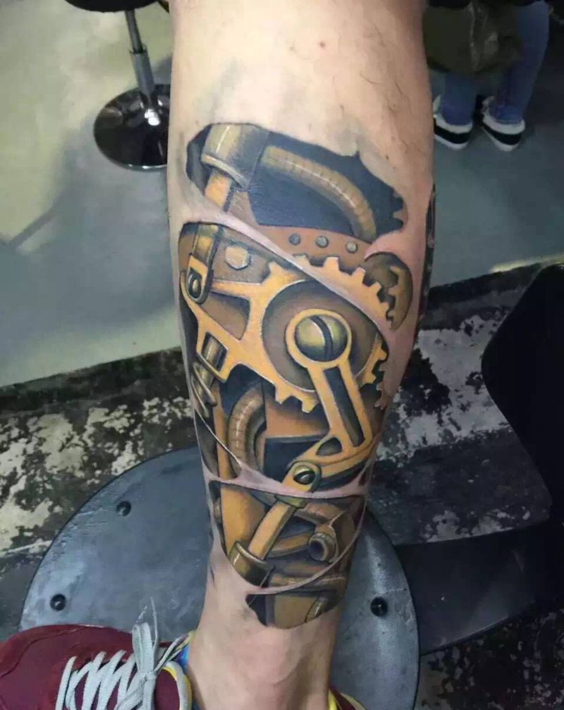 机械腿纹身图片_成品腿部欧美纹身图案