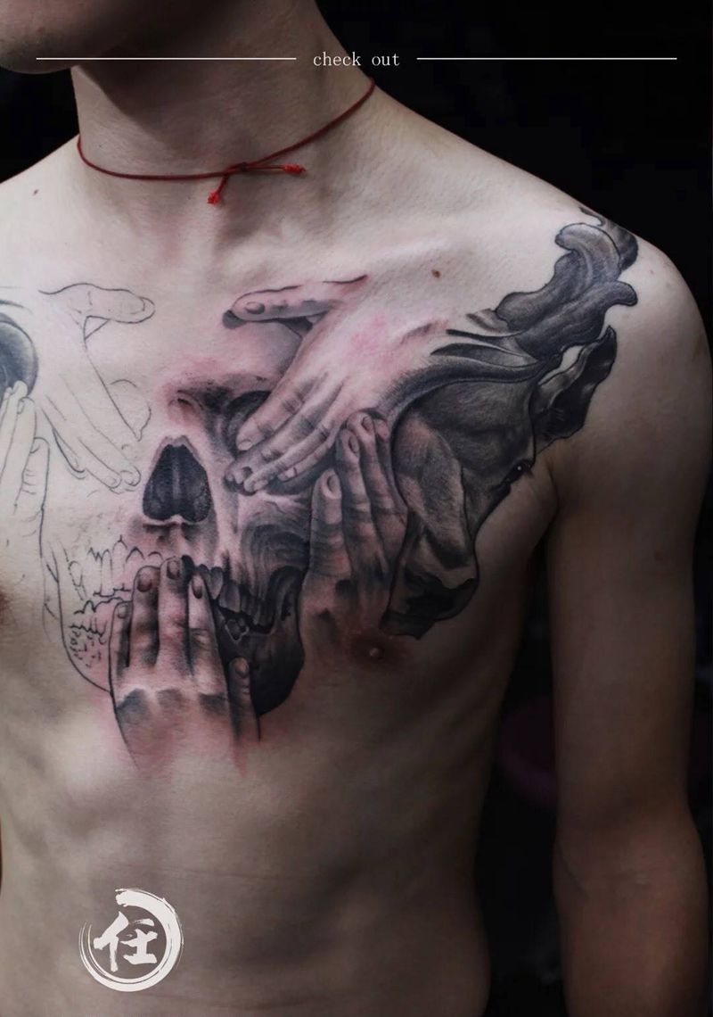 胸花 勿视误听勿…纹身图片_欧美写实鬼神原创成品胸部背部肩部动物纹身图案