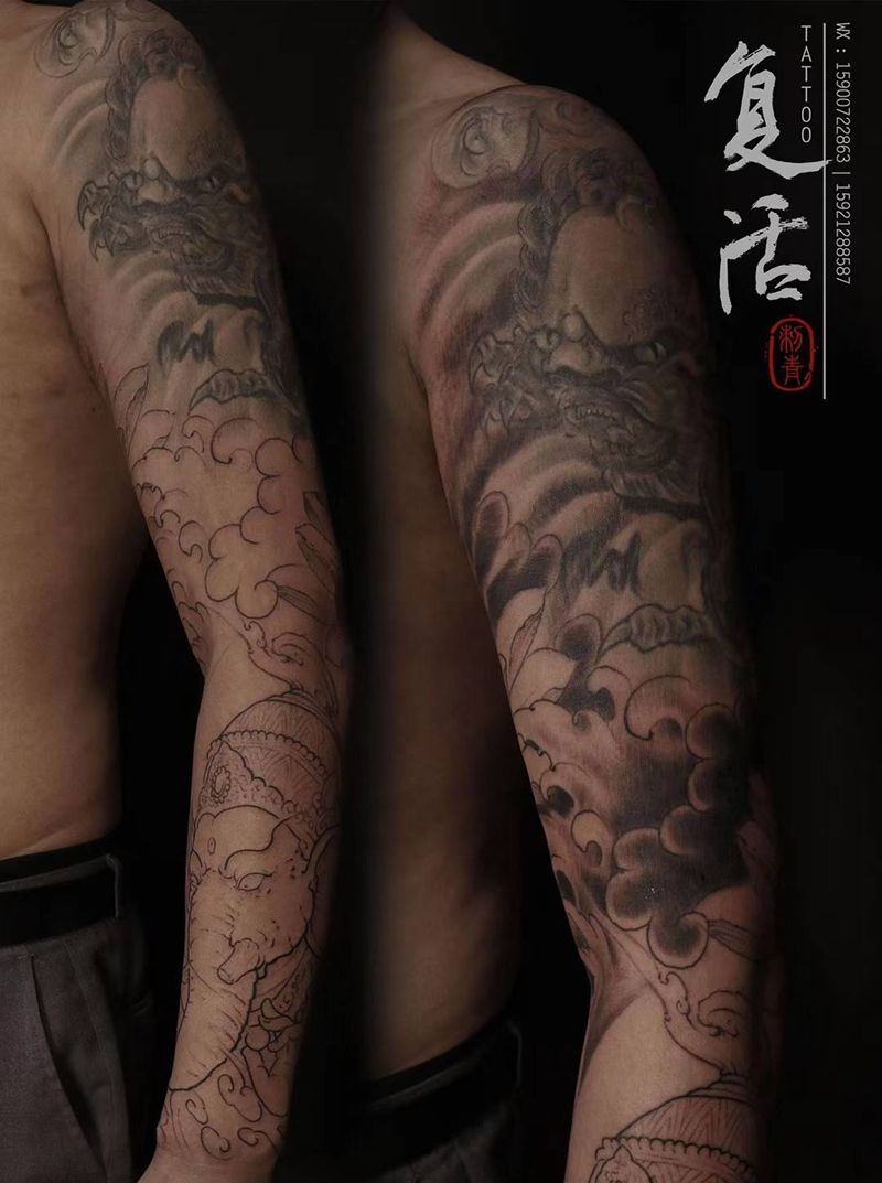 老传统包臂未完成纹身图片_手臂老传统象神莲花纹身图案
