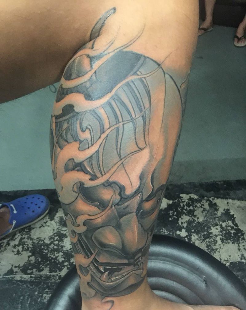 小腿般若纹身图片_传统成品写实鬼神动物人物原创脚部腿部手臂纹身图案