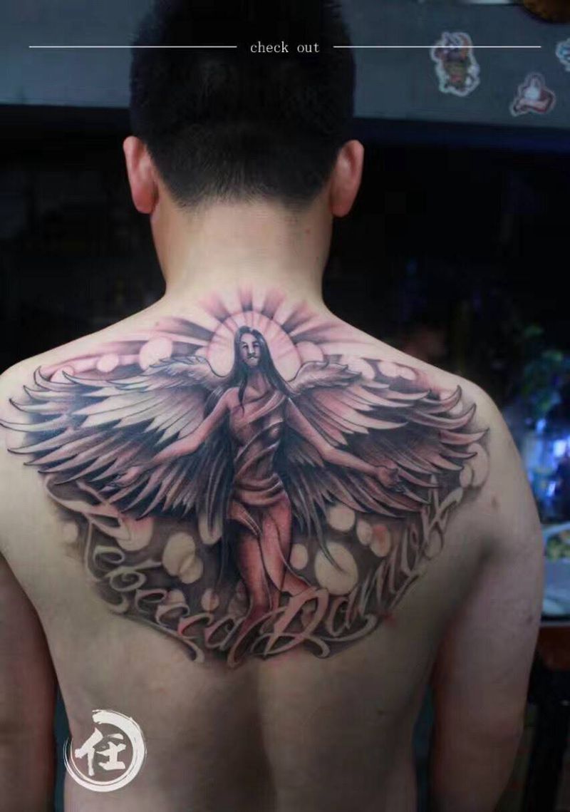 天使 根据客人要求设计纹身图片_成品颈部背部欧美肖像原创写实人物纹身图案