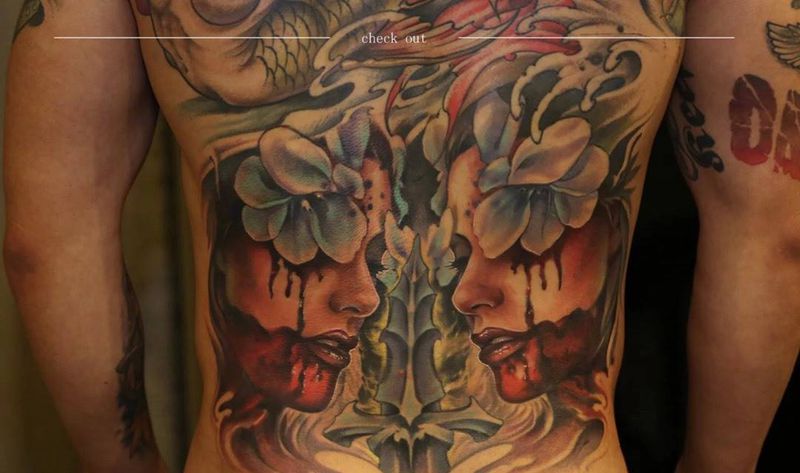 Kun欧美背部作品纹身图片_欧美写实腰部背部成品人物鬼神动物原创宗教纹身图案