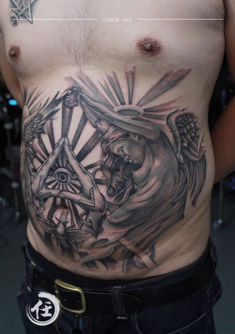 天使之虐恋纹身图片_欧美写实成品腹部腰部人物鬼神宗教原创肖像纹身图案