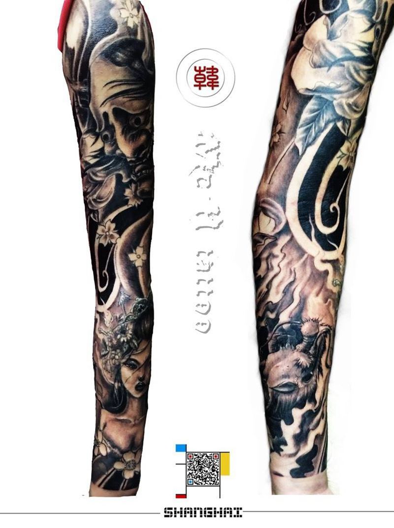 艺妓般若花臂（线条非我割）纹身图片