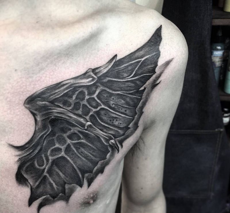 惡魔翅膀（原創）纹身图片_成品胸部欧美写实鬼神原创静物設計纹身图案