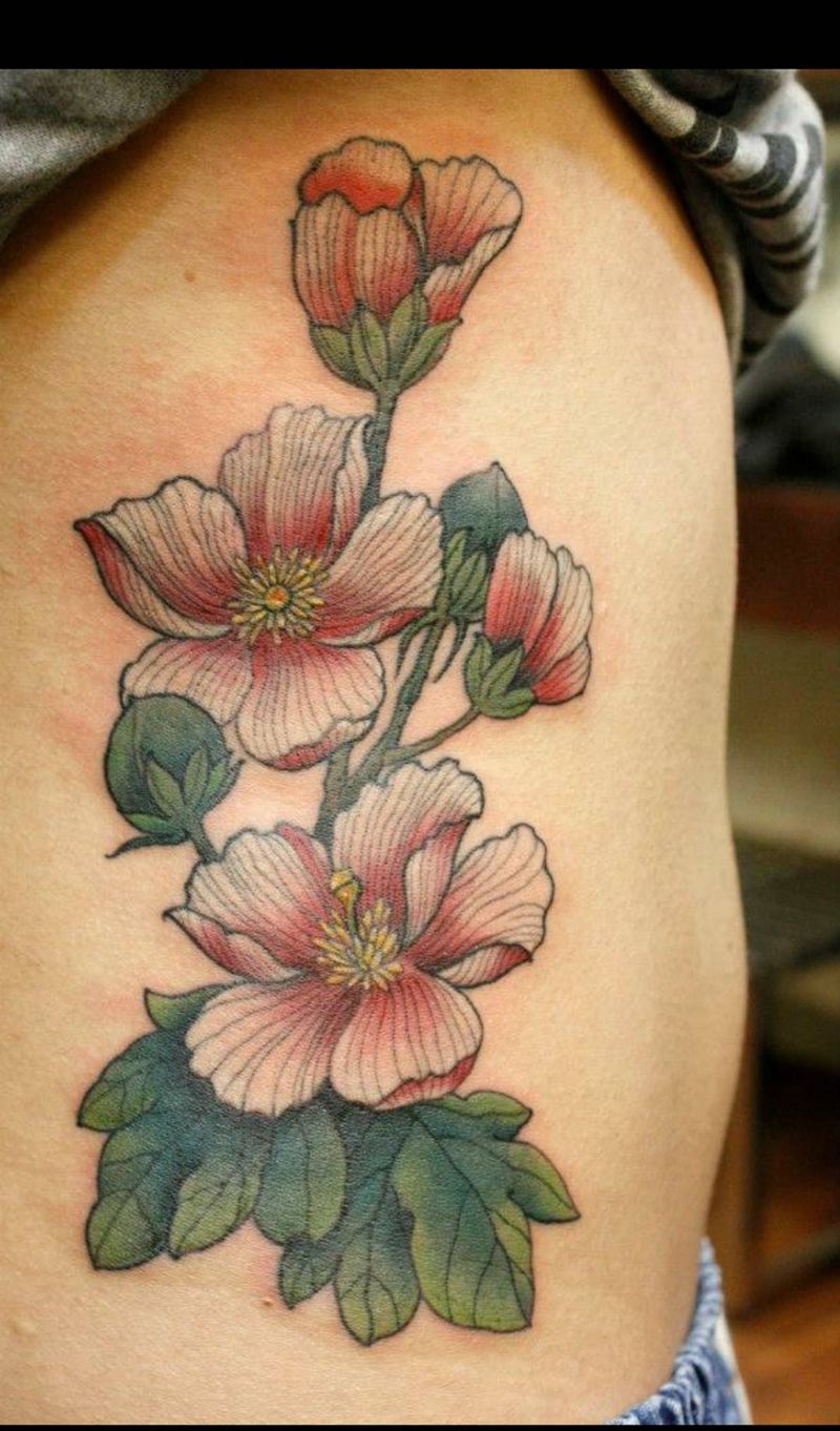 山芙蓉纹身图片_成品国画腰部植物原创清新女孩紋身設計纹身图案