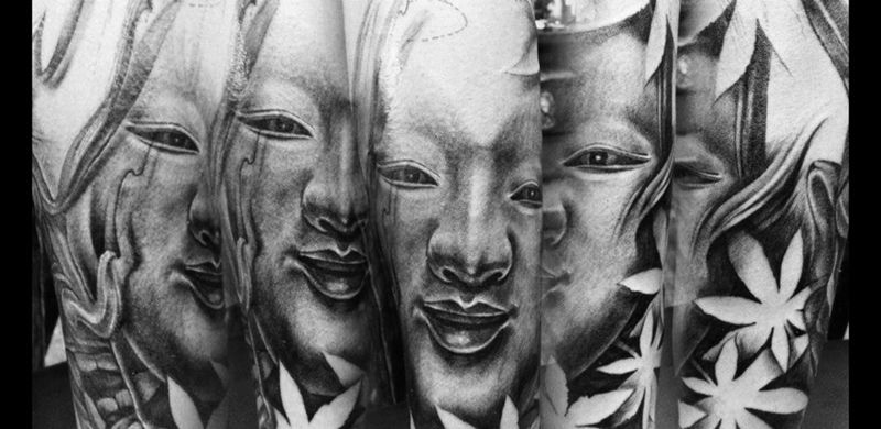 能面（小面）纹身图片_手部手臂传统写实欧美原创鬼神設計纹身图案