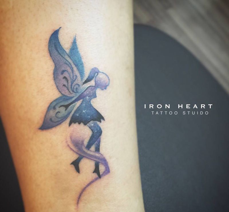 小精靈纹身图片_成品插画脚部欧美清新原创人物女孩紋身水彩暈染設計纹身图案