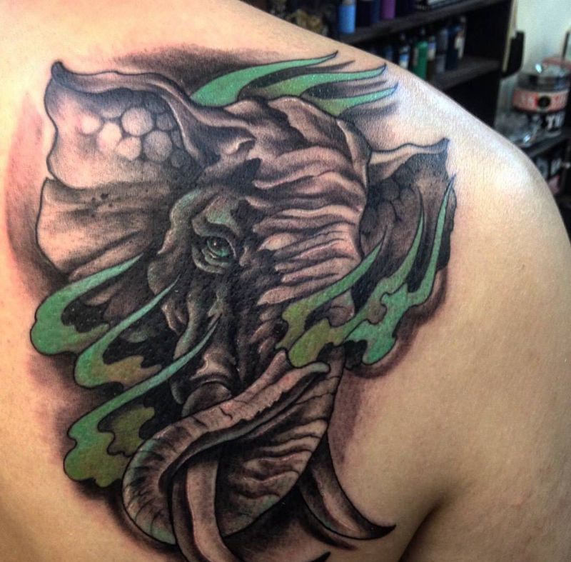 象 （原創）纹身图片_成品肩部欧美动物原创設計纹身图案