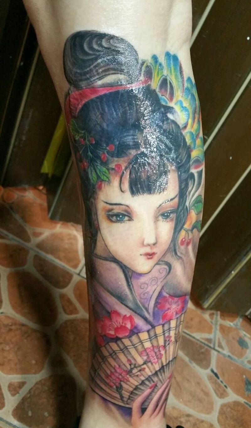 艺妓纹身图片_腿部新传统纹身图案