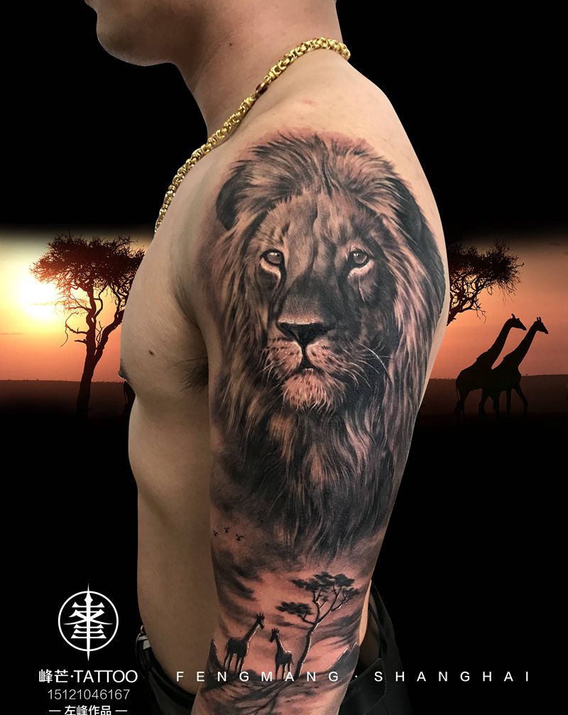 狮子王纹身图片_手臂腿部欧美写实狮子猛兽动物纹身图案