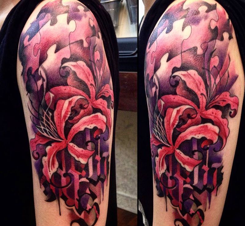 曼珠沙華 （彼岸花）纹身图片_插画成品手臂欧美水彩暈染設計原创植物几何字符纹身图案