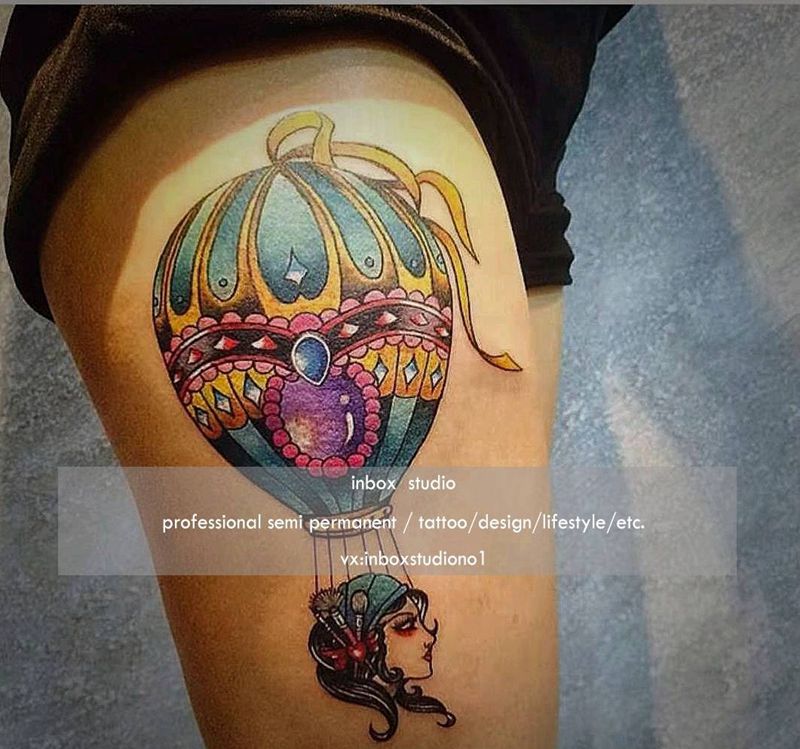 奇幻世界热气球纹身图片_腿部New School水彩纹身图案