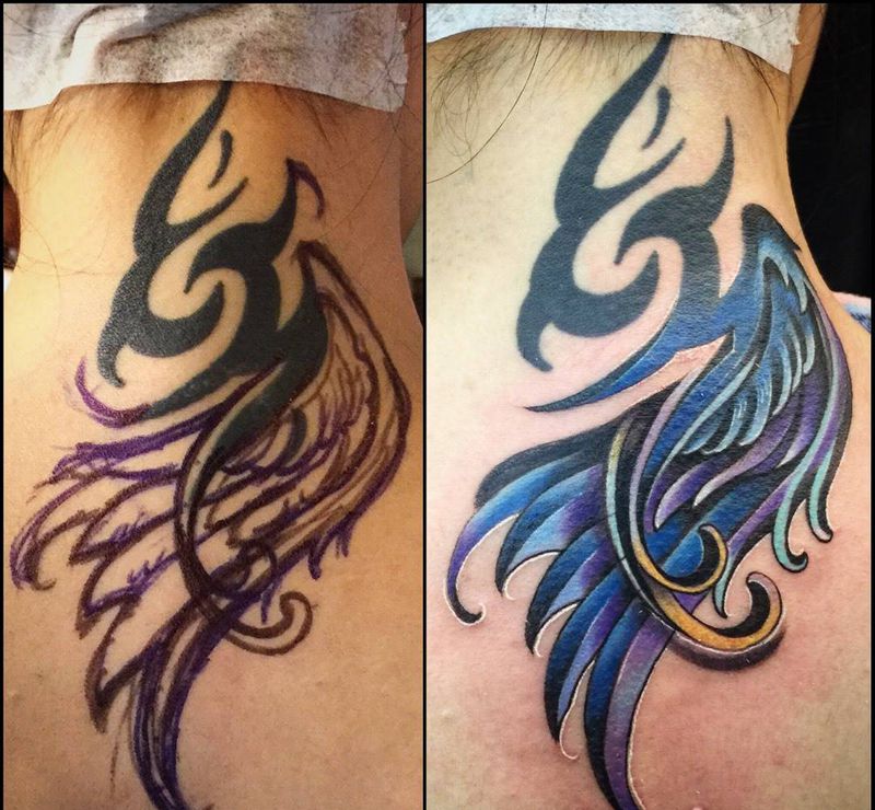 部分覆蓋（銜接）纹身图片_成品颈部欧美清新原创女孩紋身School風格設計纹身图案