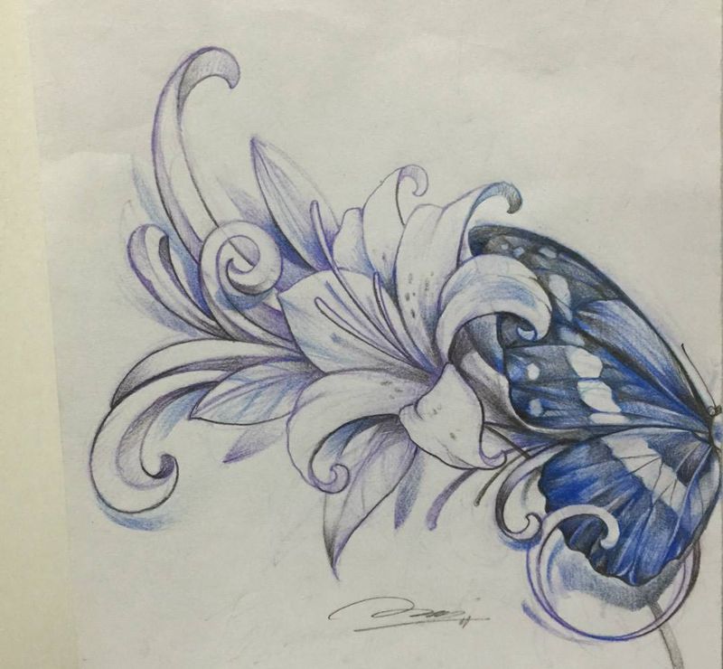 蝶（原創）纹身图片_手稿腰部欧美写实原创設計女孩紋身昆蟲纹身图案