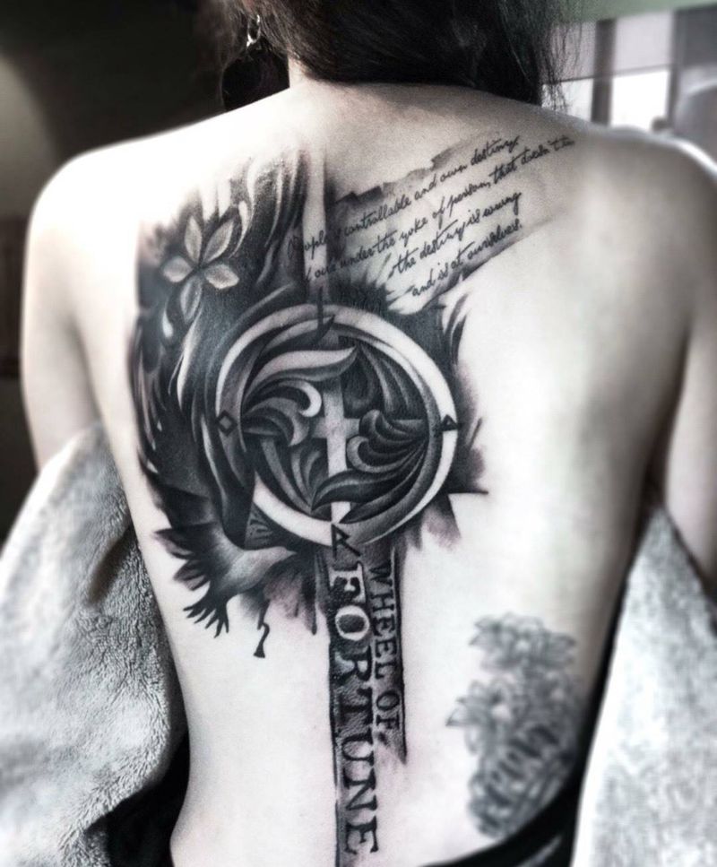 命運之輪(覆蓋）纹身图片_成品背部欧美原创女孩紋身設計潑墨纹身图案