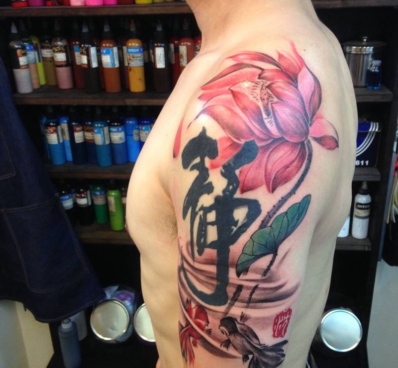 蓮 (原創）手繪直上纹身图片_成品手臂传统国画原创植物动物設計潑墨纹身图案