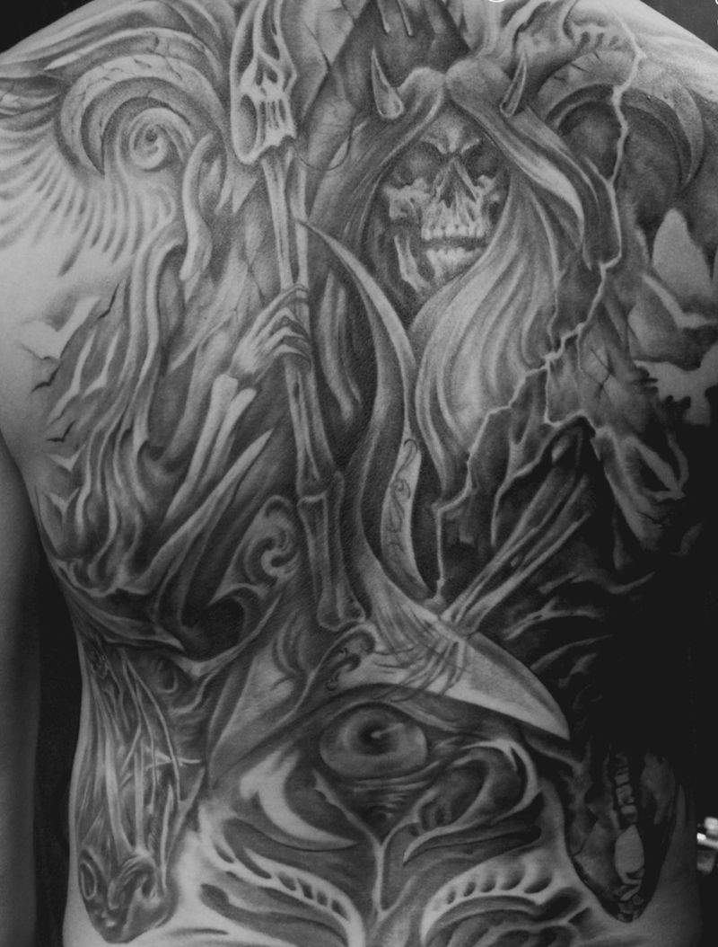 搖滾死神纹身图片_成品背部欧美写实原创鬼神宗教設計人物纹身图案