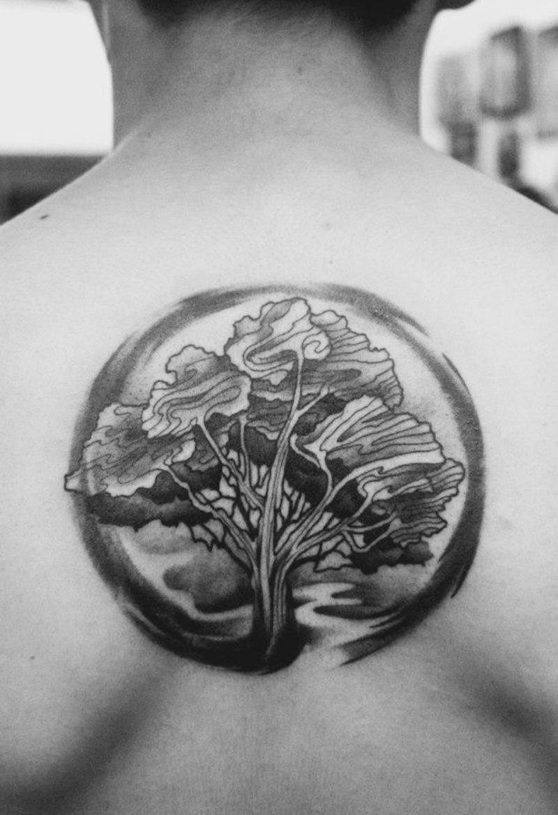 悟纹身图片_成品国画清新欧美設計潑墨原创植物背部纹身图案