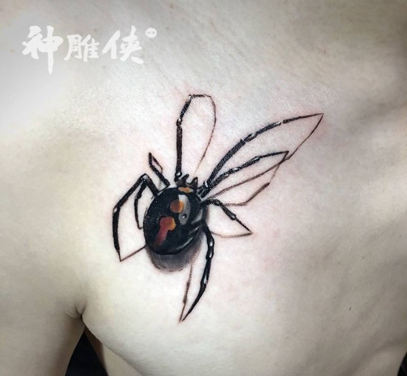 写实蜘蛛纹身图片_成品肩部胸部写实欧美动物原创图腾纹身图案