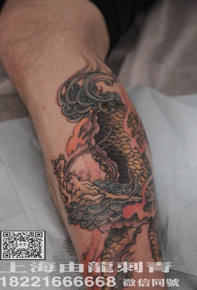 麒麟小腿纹身图片_传统原创腿部纹身图案