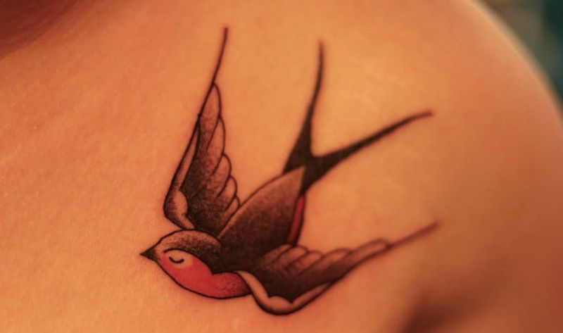 双飞燕纹身图片_成品胸部欧美传统清新图腾动物纹身图案