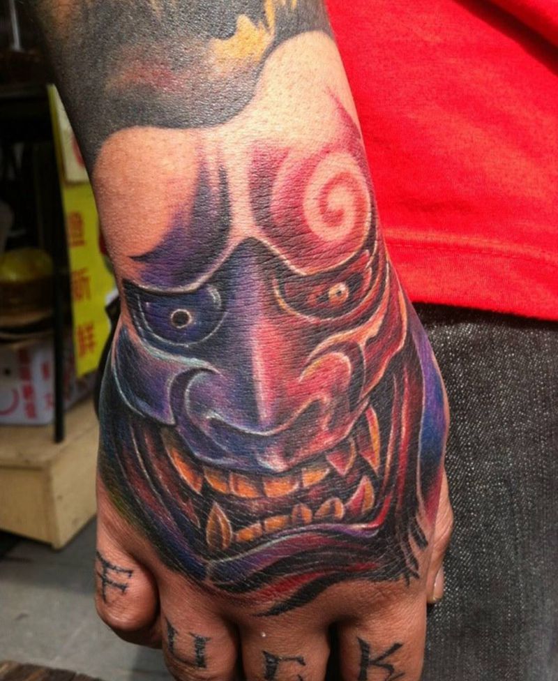 般若手套（原創）纹身图片_成品手部欧美鬼神原创男孩紋身潑墨設計纹身图案
