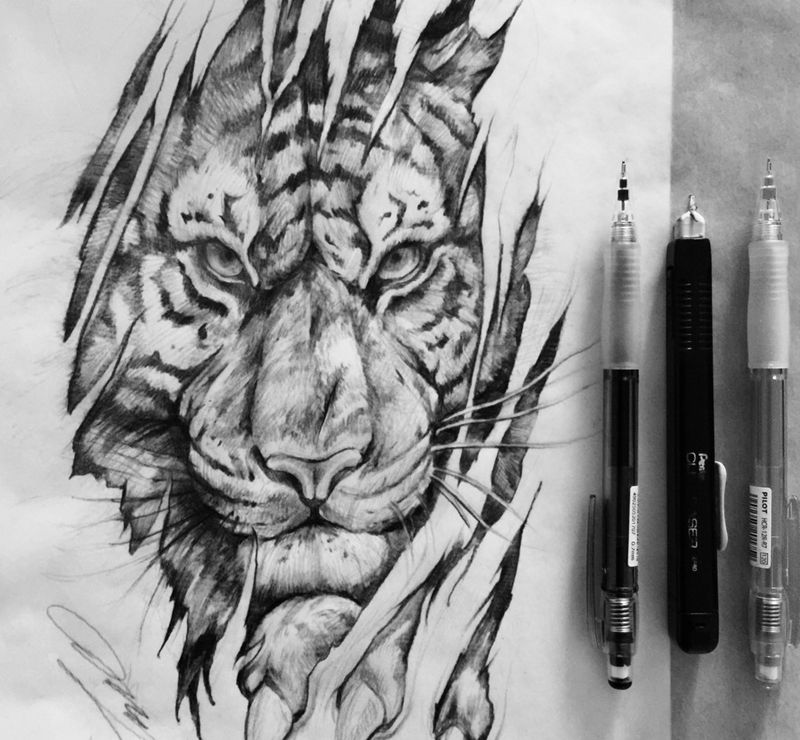 猛虎出閘纹身图片_成品手稿手臂欧美写实动物原创設計纹身图案